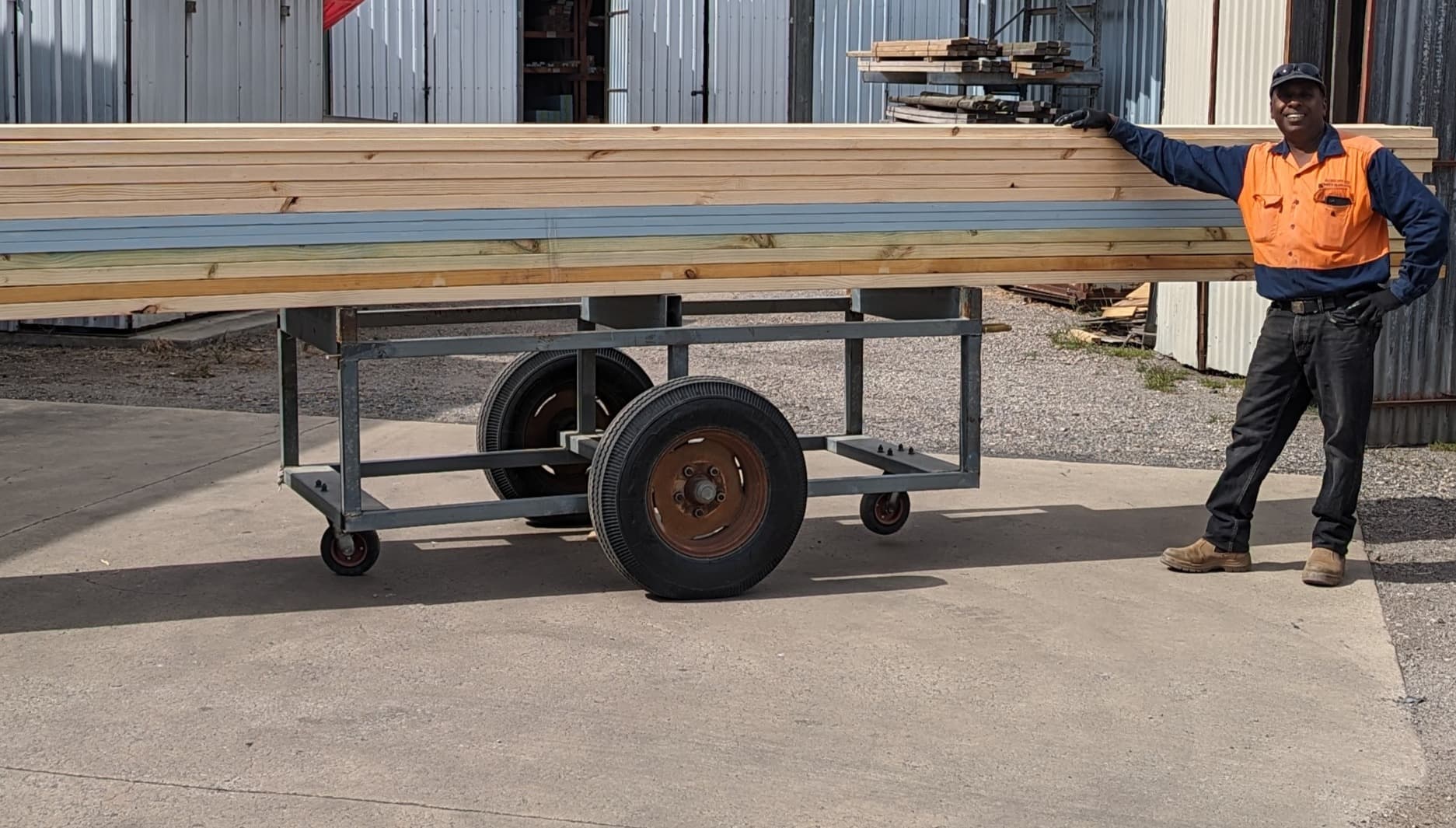 Allmat warehouse, dressed pine loaded on a timber trolley ready to go